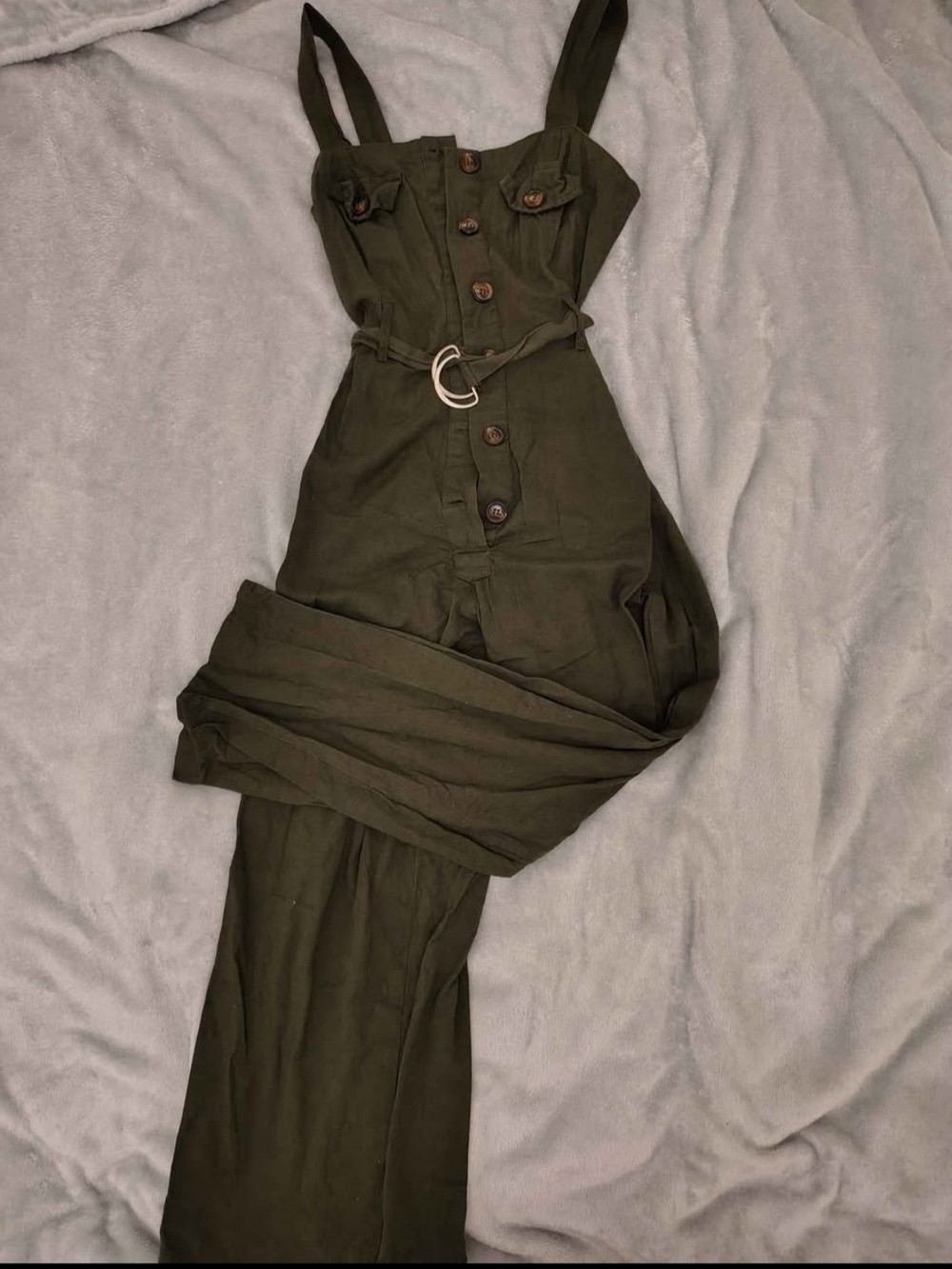 Womens Olive Green Button-Front Jumpsuit